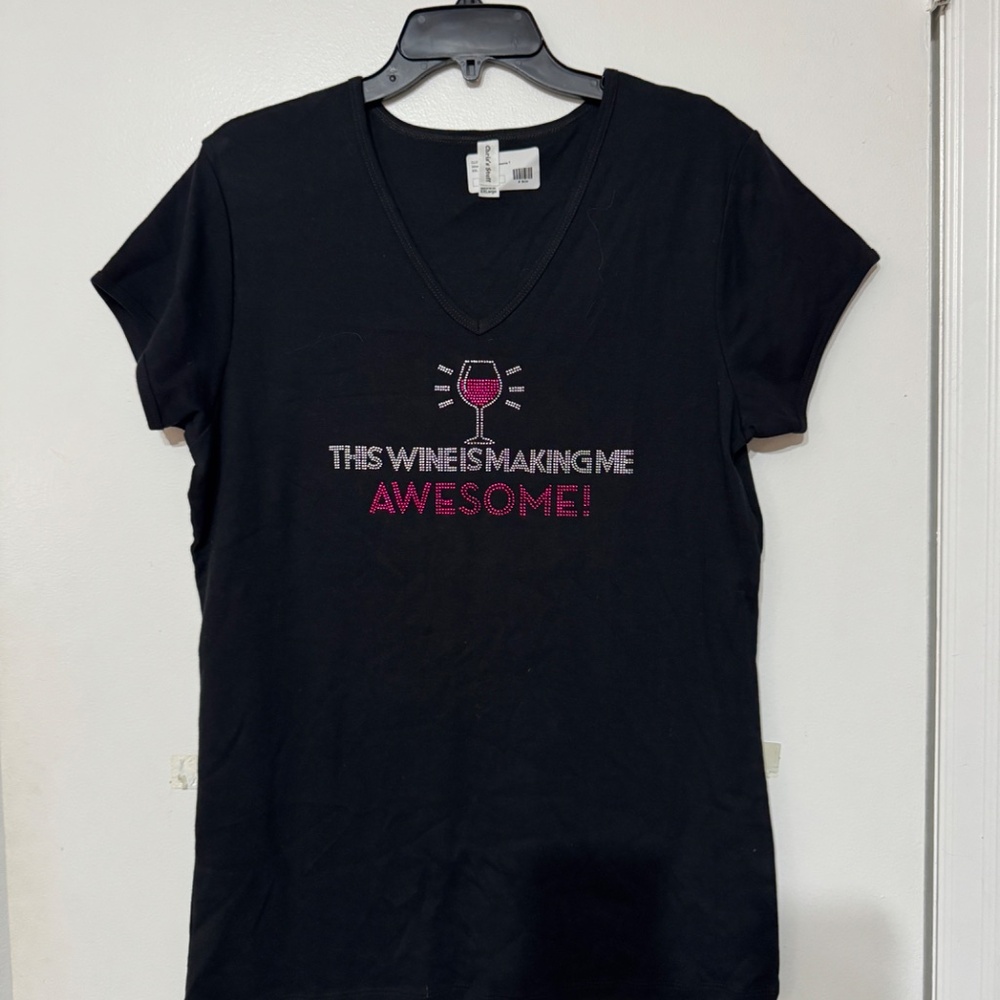 Chris's Stuff Women Rhinestone Wine T-Shirt Black Size XXL